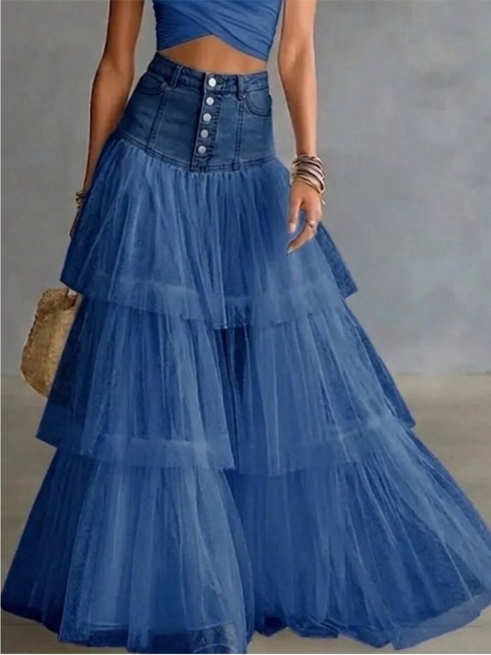 Denim Blue Tiered Tulle Maxi Skirt size S
